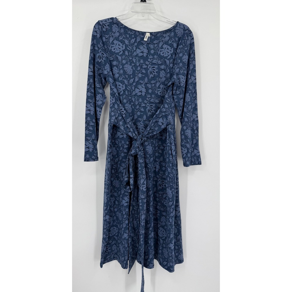 Pact Blue Floral Organic Cotton Midi Dress Long Sleeve Belted Pockets Womens L - Picture 5 of 12